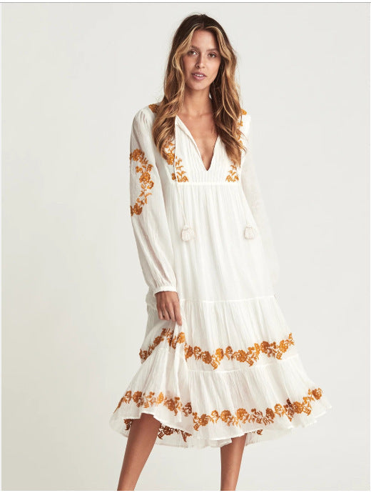 V-neck Embroidered Loose Dress - Premium 0 from chiquetrends.com - Just $71! Shop now at chiquetrends.com