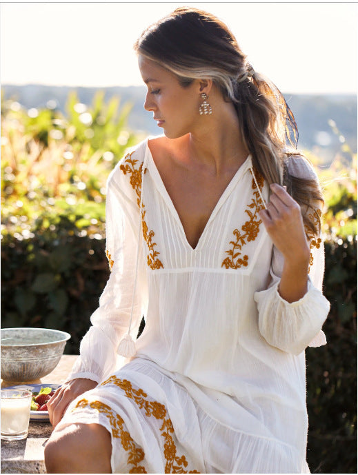 V-neck Embroidered Loose Dress - Premium 0 from chiquetrends.com - Just $71! Shop now at chiquetrends.com