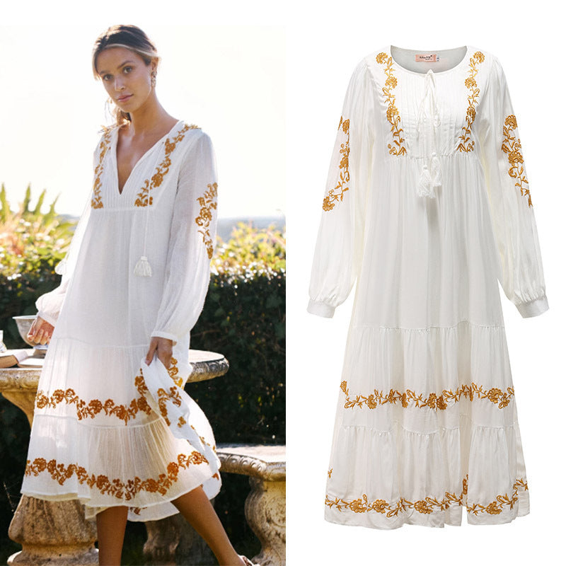 V-neck Embroidered Loose Dress - Premium 0 from chiquetrends.com - Just $71! Shop now at chiquetrends.com