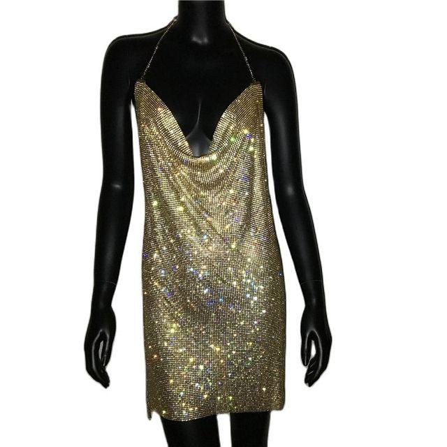 Slit Metal Fabric Rhinestones - Premium Dresses from chiquetrends.com - Just $202! Shop now at chiquetrends.com