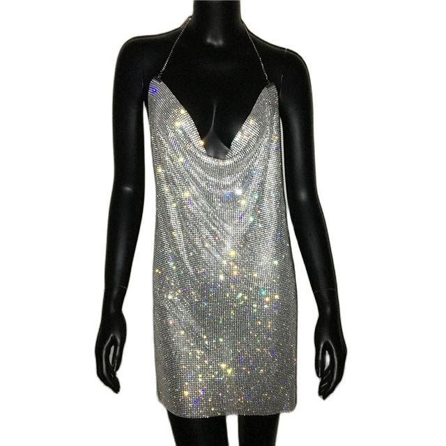 Slit Metal Fabric Rhinestones - Premium Dresses from chiquetrends.com - Just $202! Shop now at chiquetrends.com